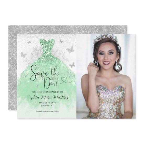 Sage Green Silver Glitter Dress Quinceañera Photo Save The Date