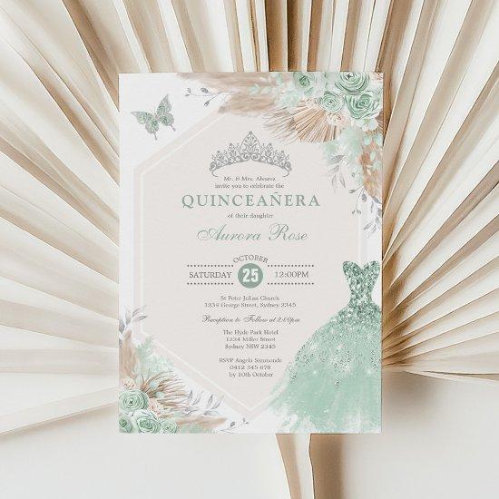 Sage Green Silver Quinceañera Boho Floral Birthday