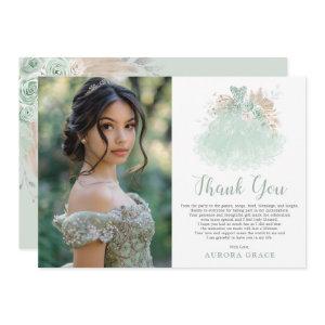 Sage Green Silver Quinceañera Dress Birthday Photo Thank You Card