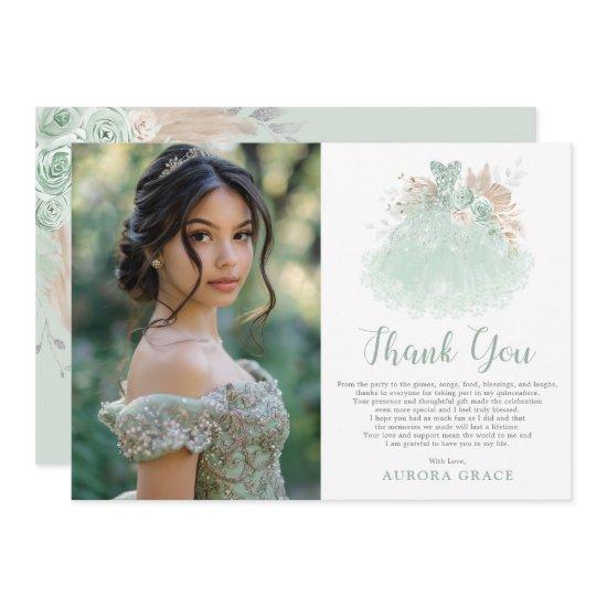Sage Green Silver Quinceañera Dress Birthday Photo Thank You Card