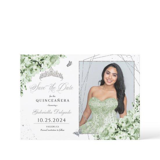Sage Green Silver Quinceañera Save The Date Photo