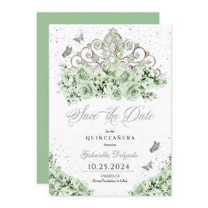Sage Green Silver Tiara Save The Date Quinceañera