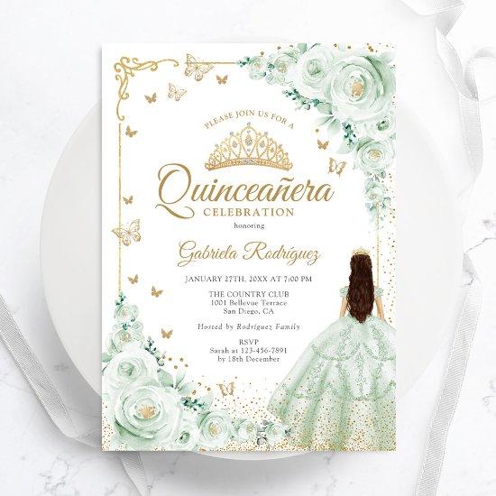 Sage Green Watercolor Roses Gold Quinceanera