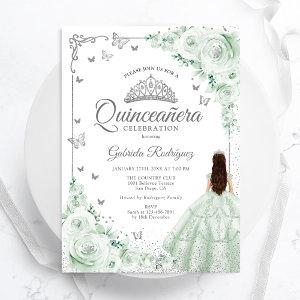 Sage Green Watercolor Roses Silver Quinceanera