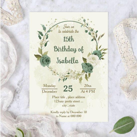 sage green white flowers botanical birthday