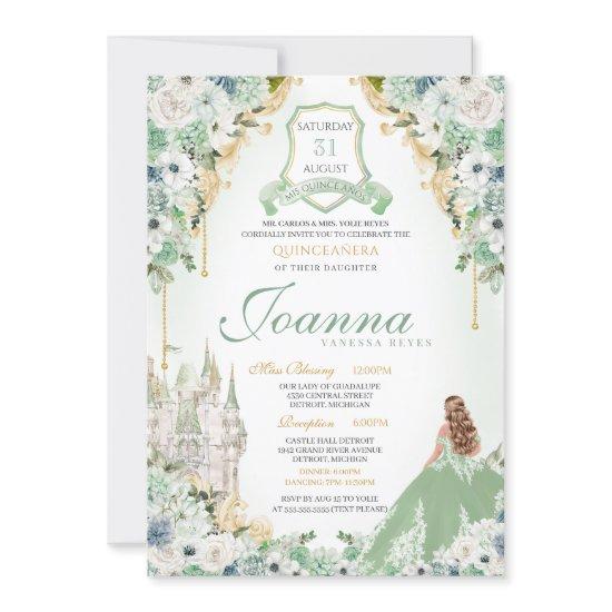 Sage Mint Green & Gold Royal Princess Quinceanera