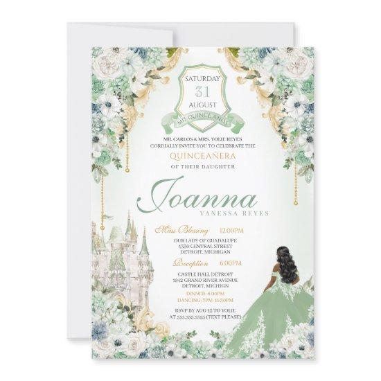 Sage Mint Green & Gold Royal Princess Quinceanera
