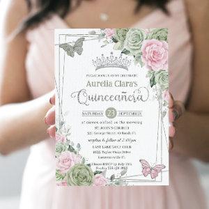 Sage Pink Floral Butterflies Silver Quinceanera
