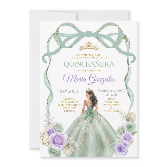 Sage Purple Bow Princess Gold Crown Quinceañera