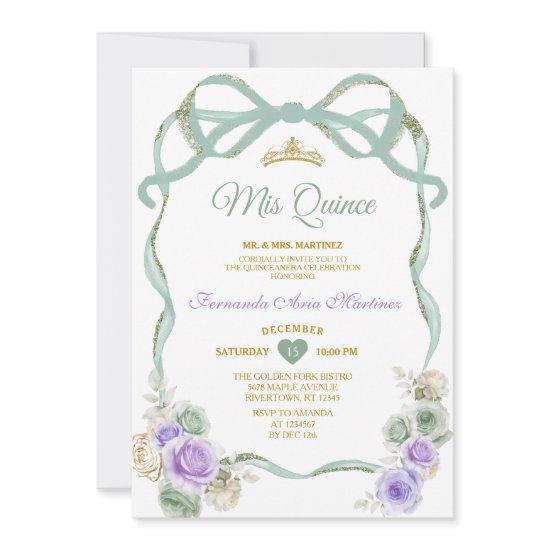 Sage Purple Floral Bow Ribbon Gold Girl Mis Quince