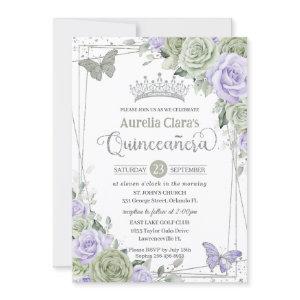 Sage Purple Floral Butterflies Silver Quinceanera