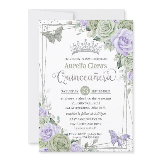 Sage Purple Floral Butterflies Silver Quinceanera