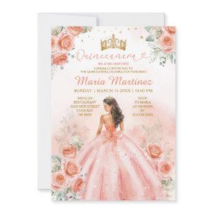 Salmon Pink Peach Princess Floral Gold Quinceañera