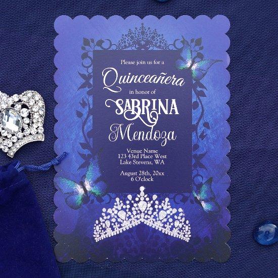 Sapphire Blue, Diamond Tiara Butterfly Quinceanera