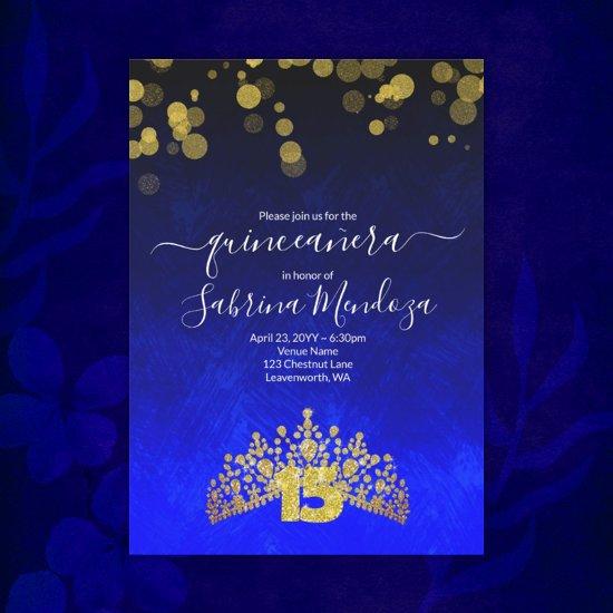 Sapphire Blue, Gold Tiara Quinceanera