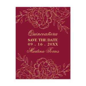 Save the Date Burgundy and Gold Fine Art Floral Announcement Postcard
