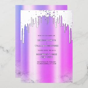 Save The Date Purple Glitter Drips Silver Foil Holiday Card