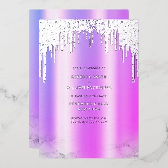 Save The Date Purple Glitter Drips Silver Foil Holiday Card