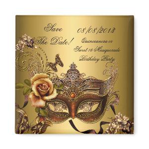 Save The Date Quinceanera Sweet 16 Masquerade Gold Magnet