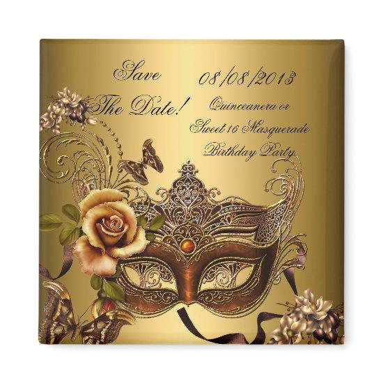 Save The Date Quinceanera Sweet 16 Masquerade Gold Magnet