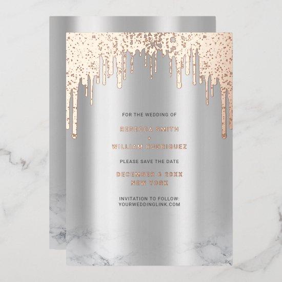 Save The Date Rosegold Glitter Drips Silver Foil Holiday Card