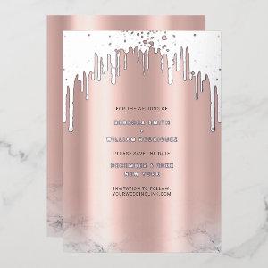 Save The Date Rosegold Glitter Drips Silver Foil Holiday Card