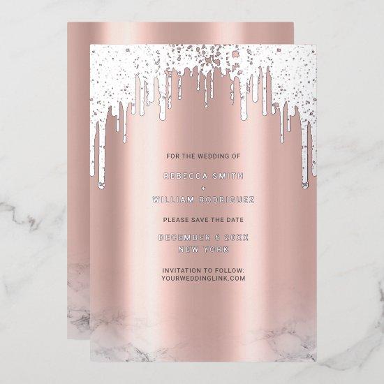 Save The Date Rosegold Glitter Drips Silver Foil Holiday Card