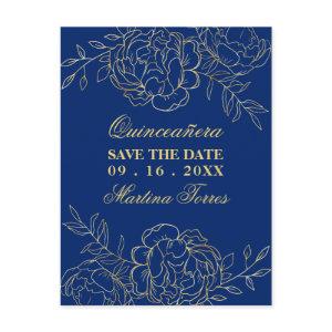Save the Date Royal Blue and Gold Fine Art Floral Announcement Postcard