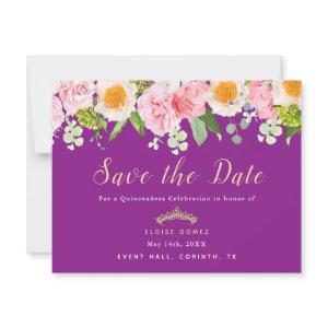 Save the Date Royal Purple Floral Quinceanera Card