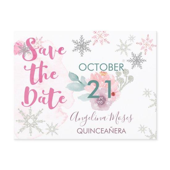 Save the Date Silver Pink Snowflakes and Flowers Announcement Postcard