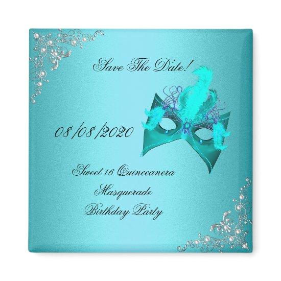Save The Date Sweet 16 Quinceanera Masquerade Teal Magnet
