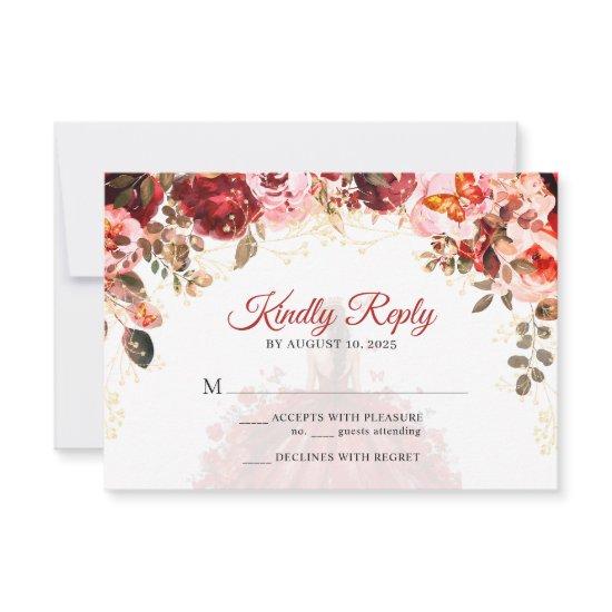 Scarlet Elegance Floral Princess Quinceañera RSVP Card