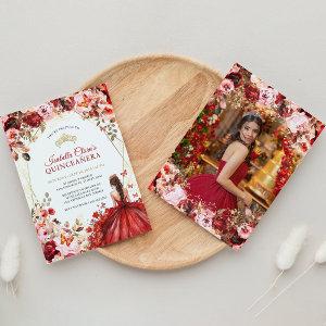 Scarlet Elegance Gold Enchanted Floral Quinceanera