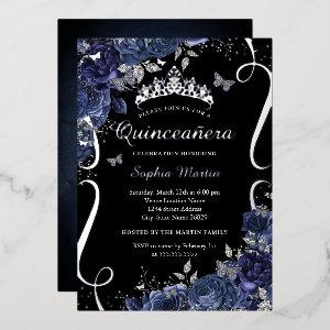 Scroll Floral Butterfly Black Navy Quinceanera Foil