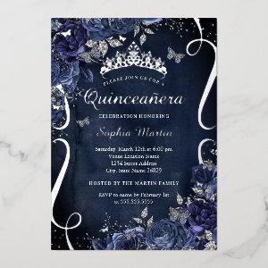 Scroll Floral Butterfly Elegant Navy Quinceanera Foil