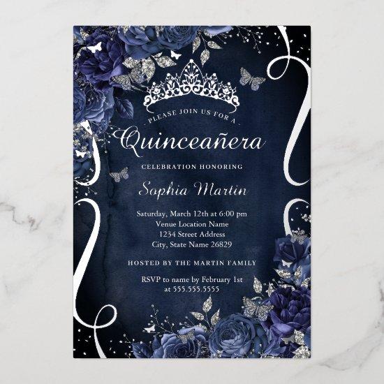 Scroll Floral Butterfly Elegant Navy Quinceanera Foil