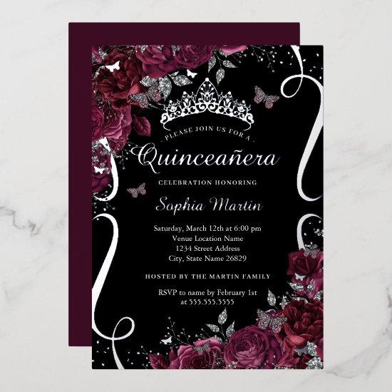 Scroll Floral Elegant Burgundy Quinceanera Foil