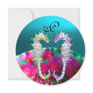 SEAHORSES BEACH WEDDING MONOGRAM, pink blue black