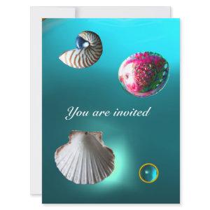 SEASHELLS DAMASK GEM BEACH WEDDING blue aquamarine