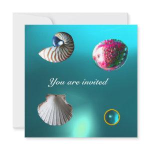 SEASHELLS DAMASK GEM BEACH WEDDING blue aquamarine