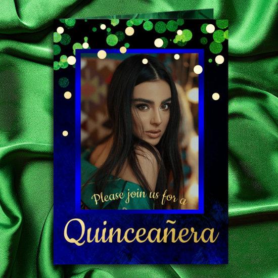 Shimmery Green & Blue Quinceanera w/ Gold Foil Foil Greeting Card