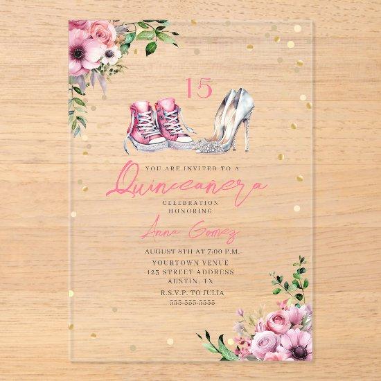 Shoes Quinceañera Pink Sneakers Heels 15 Floral Acrylic