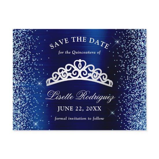 Silver And Navy Blue Quinceanera Save The Date Postcard