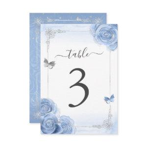 Silver Baby Blue Roses Elegant Table Number Card