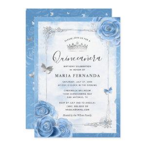 Silver Bahama Blue Roses Elegant Quinceanera
