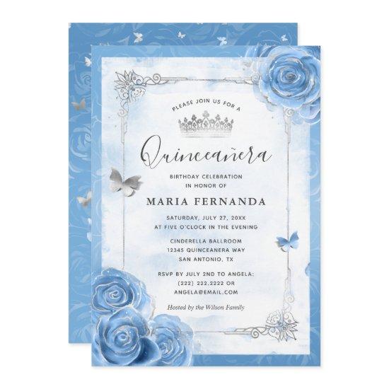 Silver Bahama Blue Roses Elegant Quinceanera