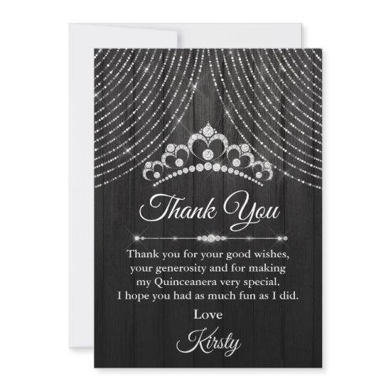 Silver Black Diamond Tiara Quinceanera Thank You Card