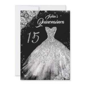 Silver Black Lace Diamond Sparkle Gown Quinceanera