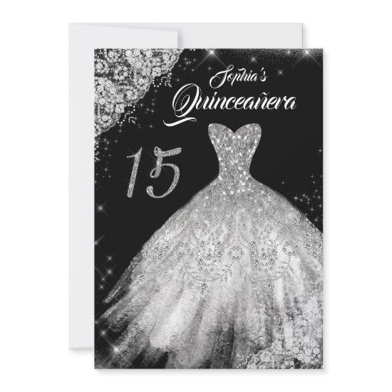Silver Black Lace Diamond Sparkle Gown Quinceanera