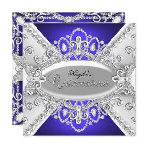 Silver & Blue Diamond Damask Quinceanera Invite